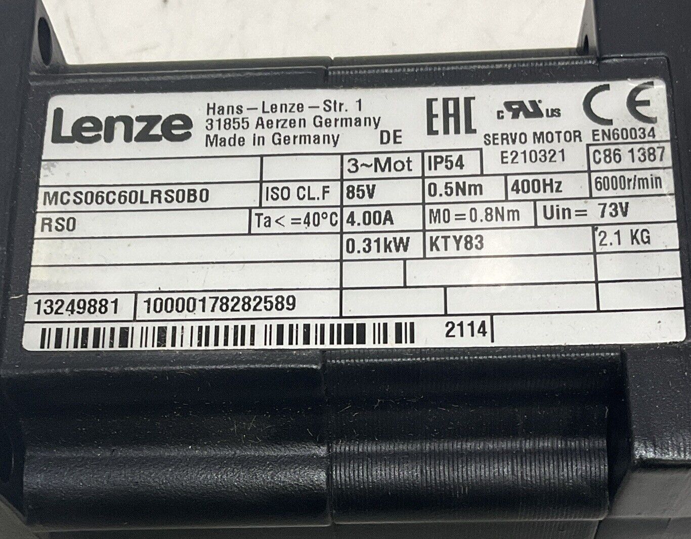 LENZE MCS06C60LRS0B0 RS0 SERVO MOTOR U3S