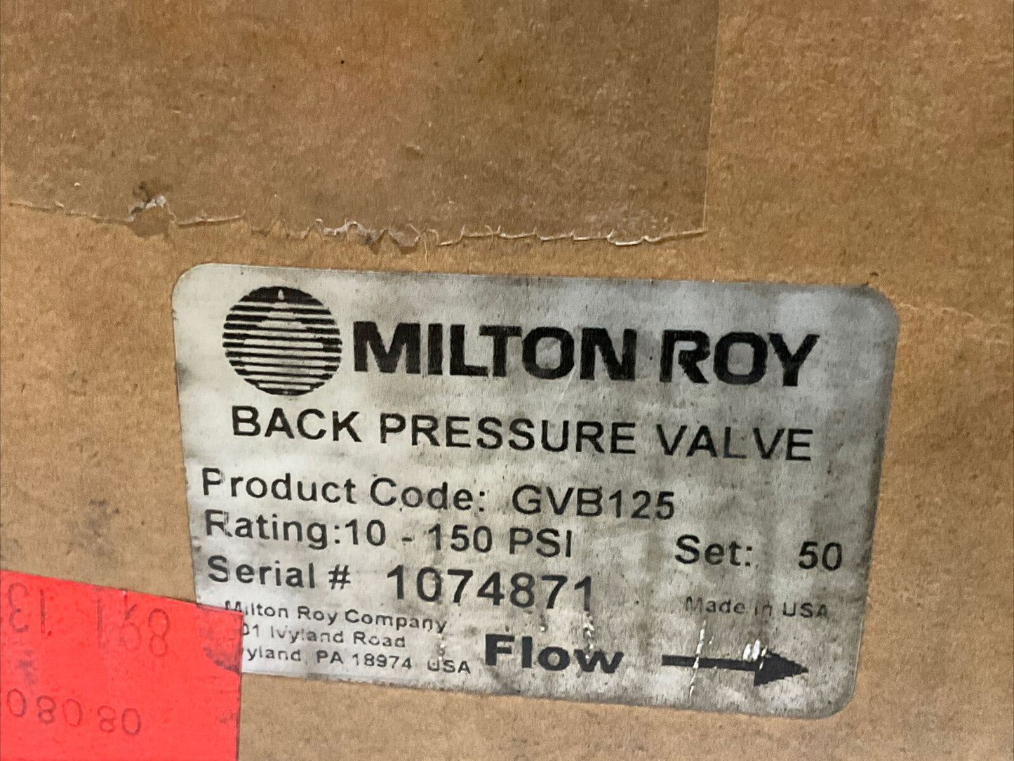MILTON ROY VB0831 GVB125 BACK PRESSURE VALVE 10-150 PSI 373