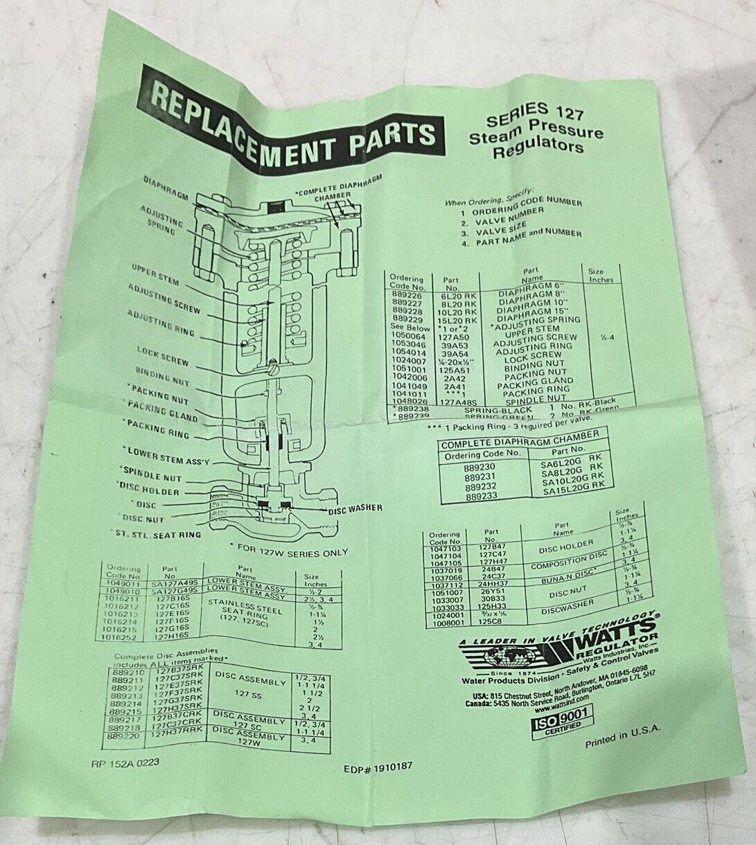 WATTS REGULATOR 1/2 152A RK 0875505 REPAIT KIT 554