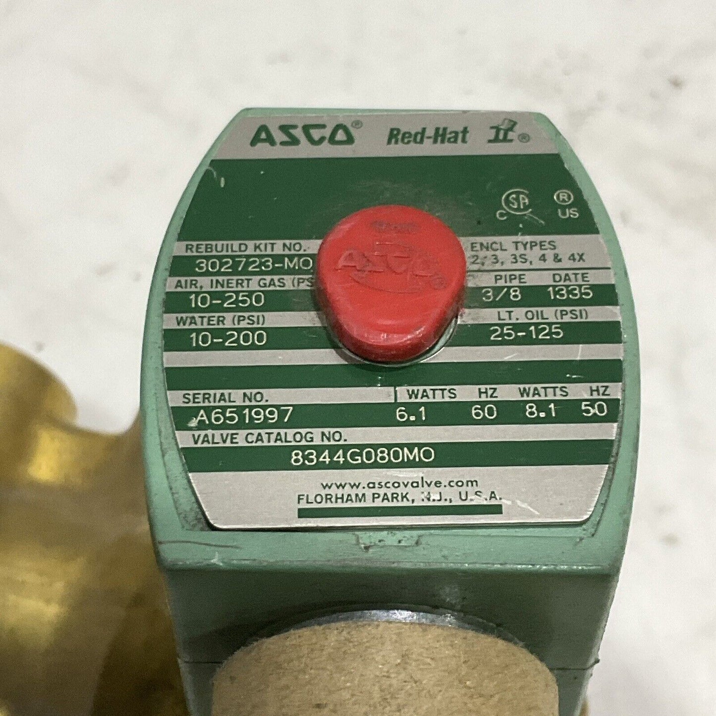 ASCO A651997 8344G080M0 302723MO SOLENOID VALVE 3/8IN 60/50HZ 6.1/8W 250 PSI 373