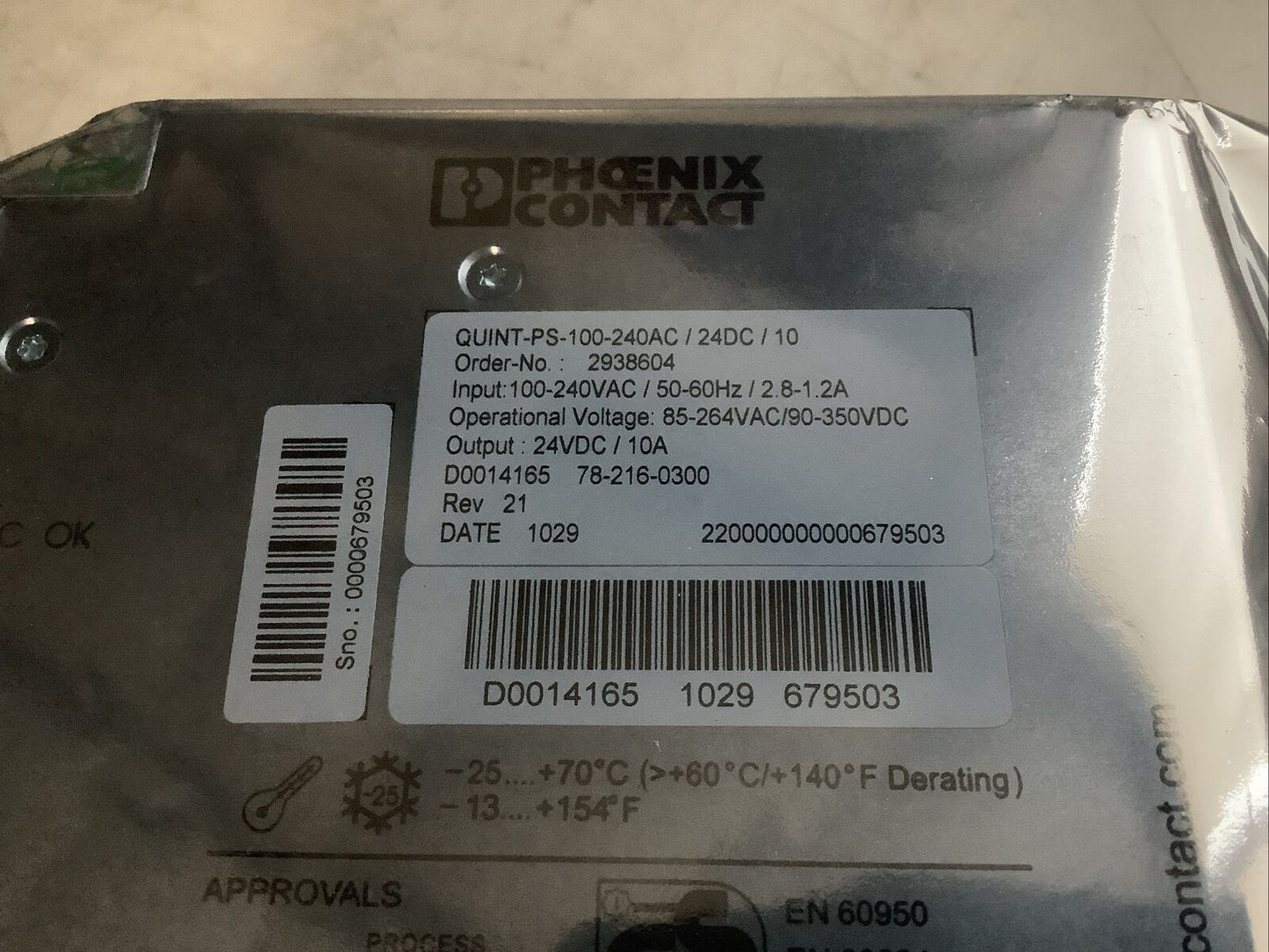 PHOENIX CONTACT 2938604 QUINT-PS-100-240AC/24DC/10 POWER SUPPLY U3S