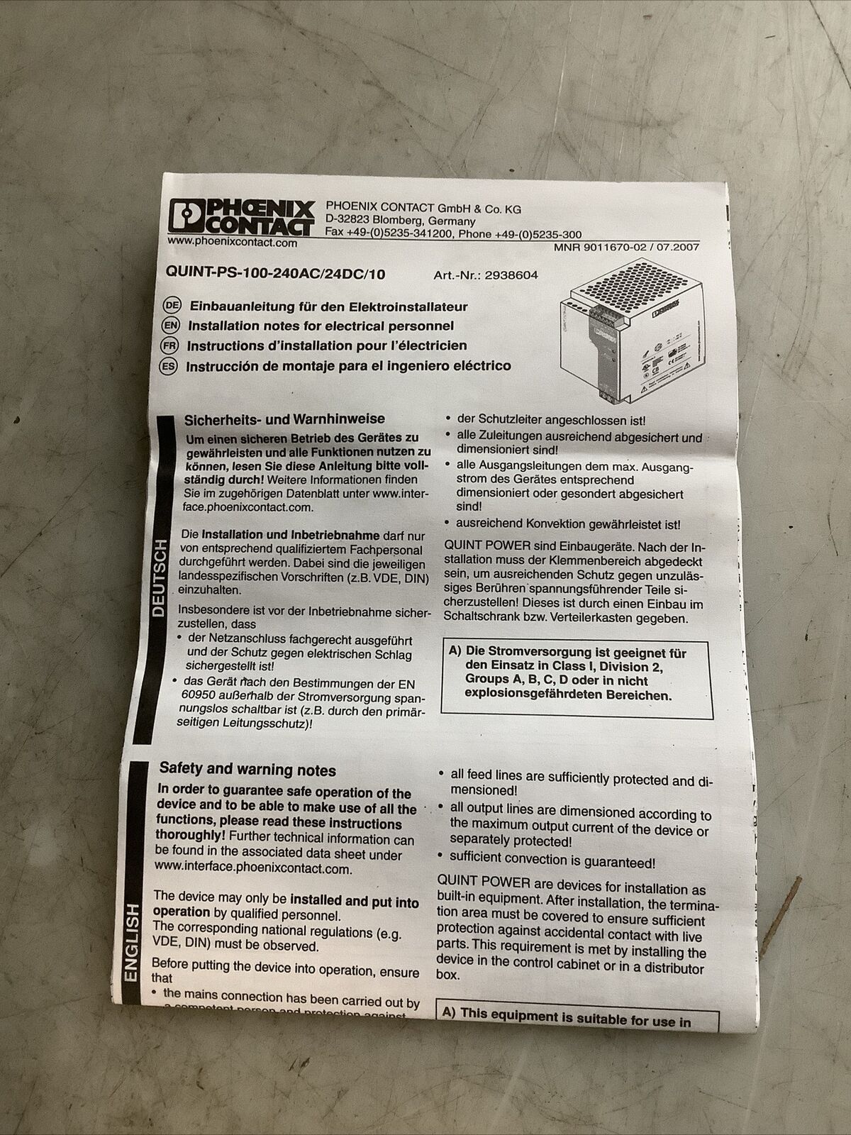 PHOENIX CONTACT 2938604 QUINT-PS-100-240AC/24DC/10 POWER SUPPLY U3S