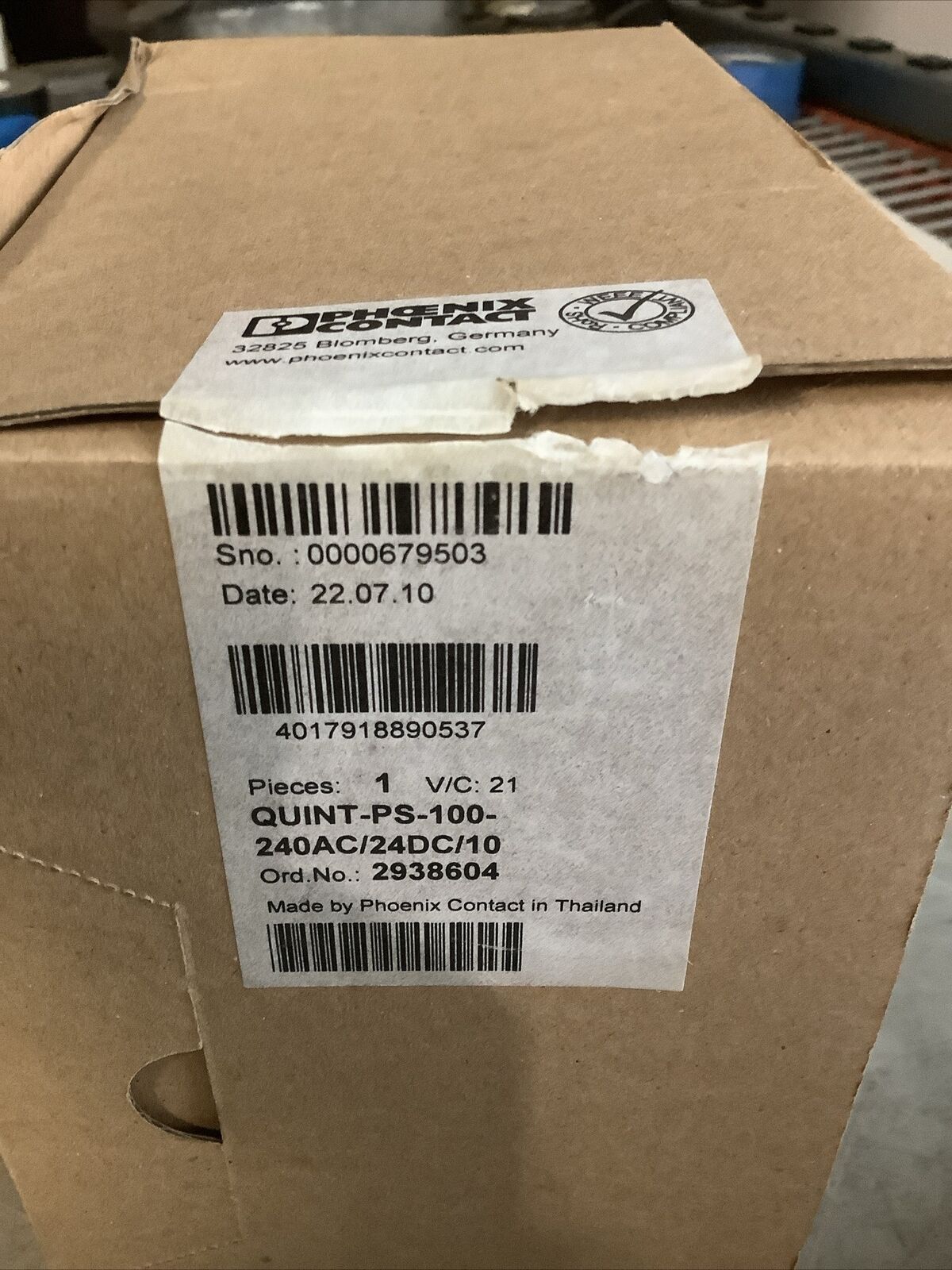 PHOENIX CONTACT 2938604 QUINT-PS-100-240AC/24DC/10 POWER SUPPLY U3S