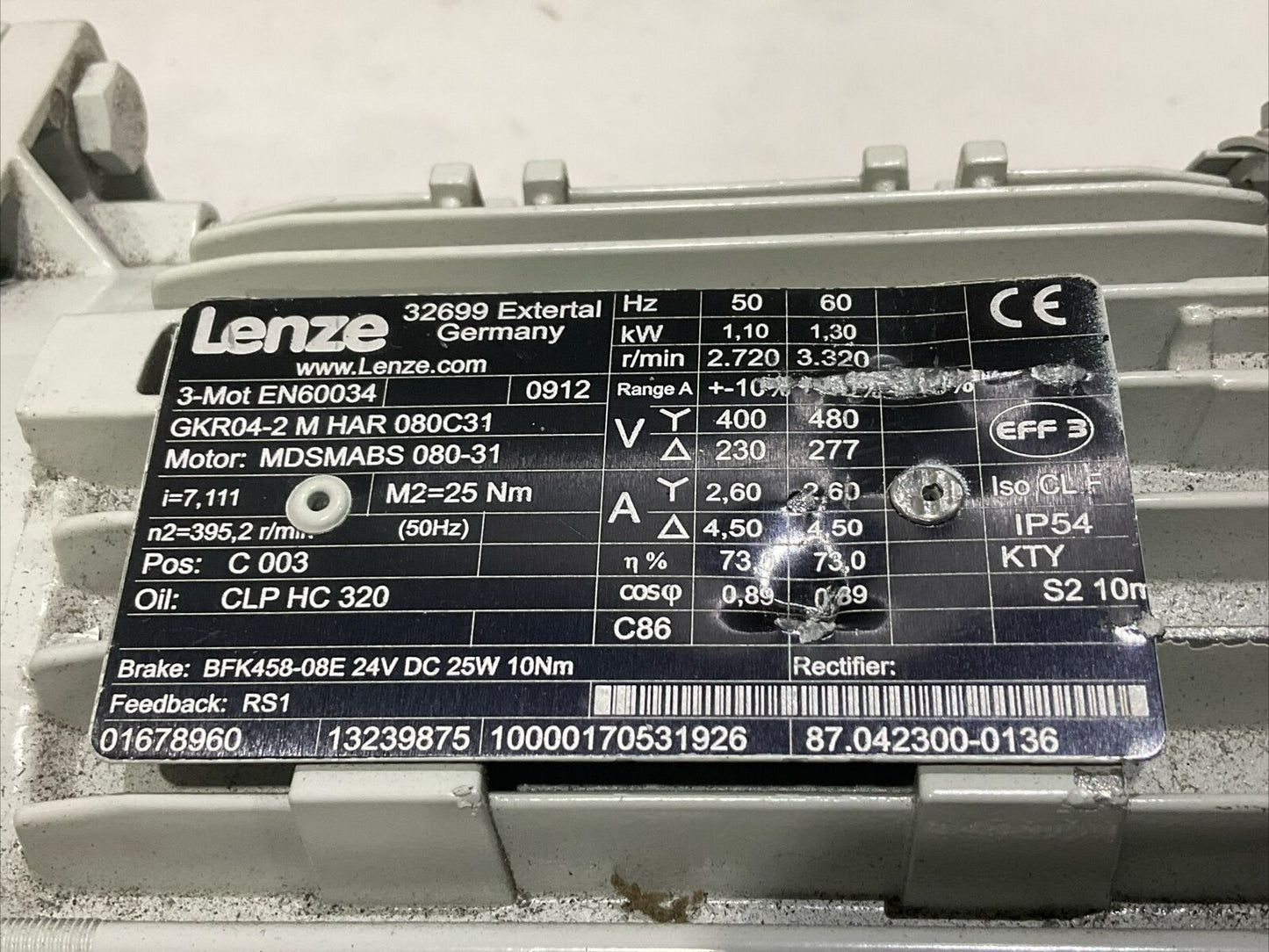 LENZE EN60034 GKR04-2 M HAR 080C31 MDSABS 080-31 GEARBOX MOTOR U3S