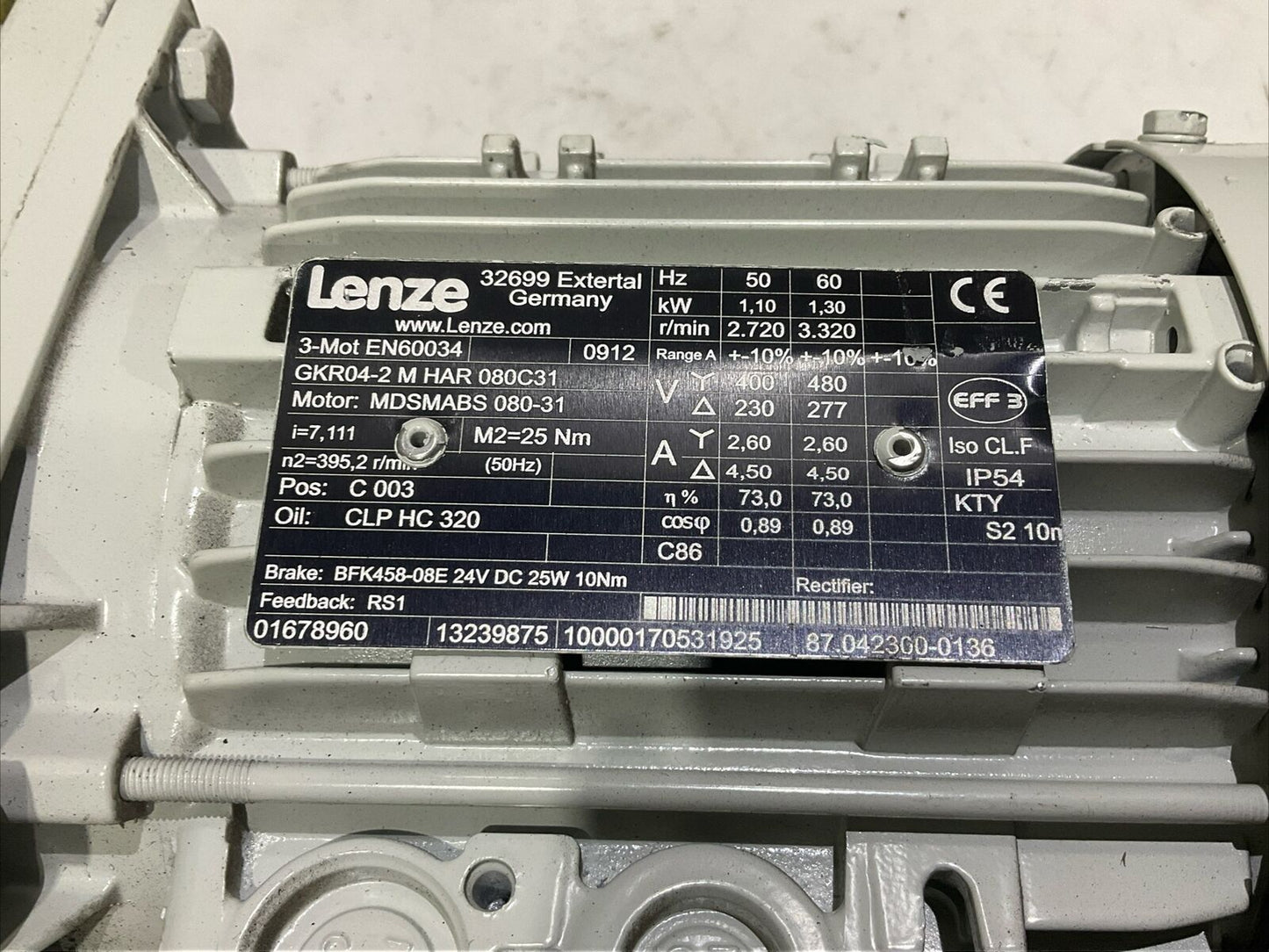 LENZE EN60034 GKR04-2 M HAR 080C31 MDSABS 080-31 GEARBOX MOTOR U3S