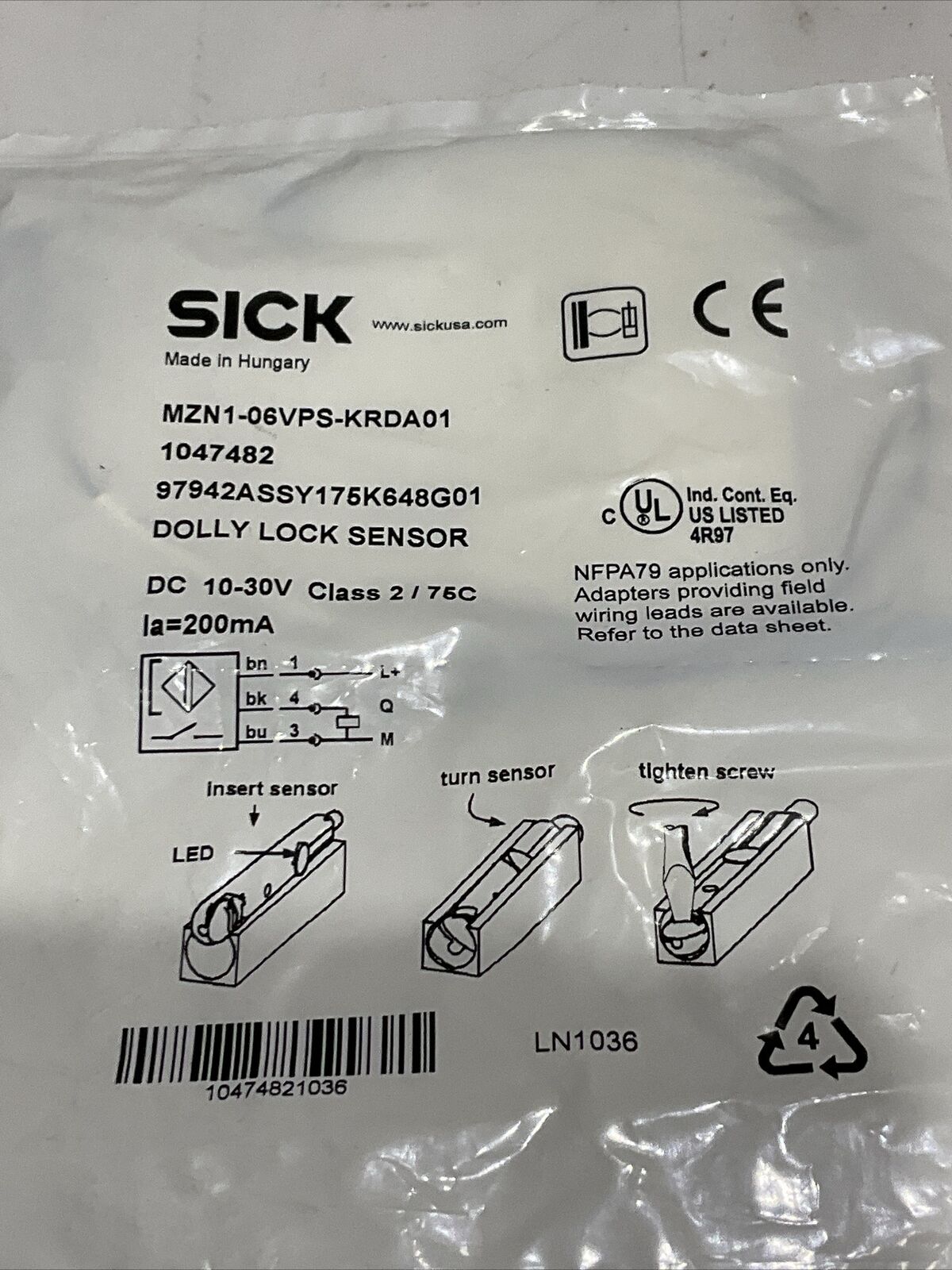 SICK MZN1-06VPS-KRDA01 DOLLY LOCK SENSOR 10-30V CLASS2/75C 200 MA U3S