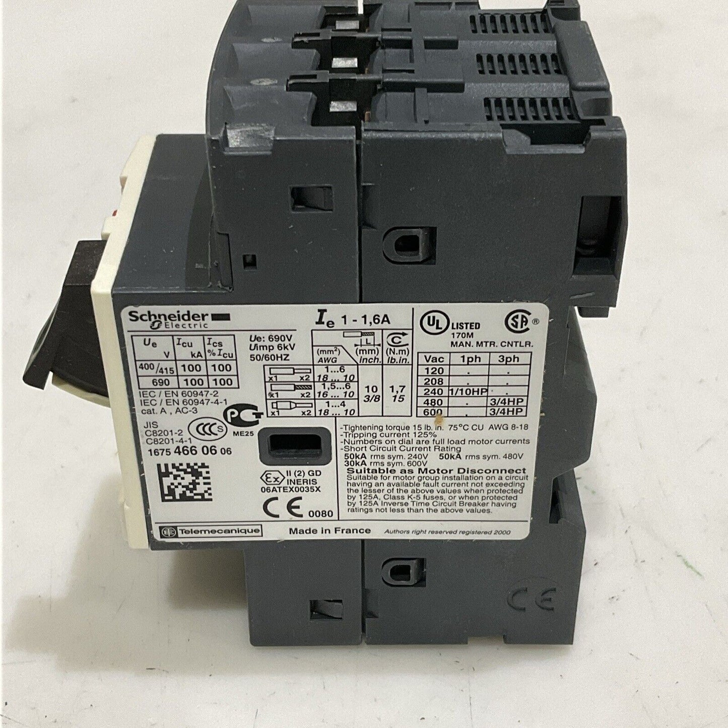 SCHNEIDER ELECTRIC GVSME06 MOTOR CIRCUIT BREAKER TESYS-034305 U3S