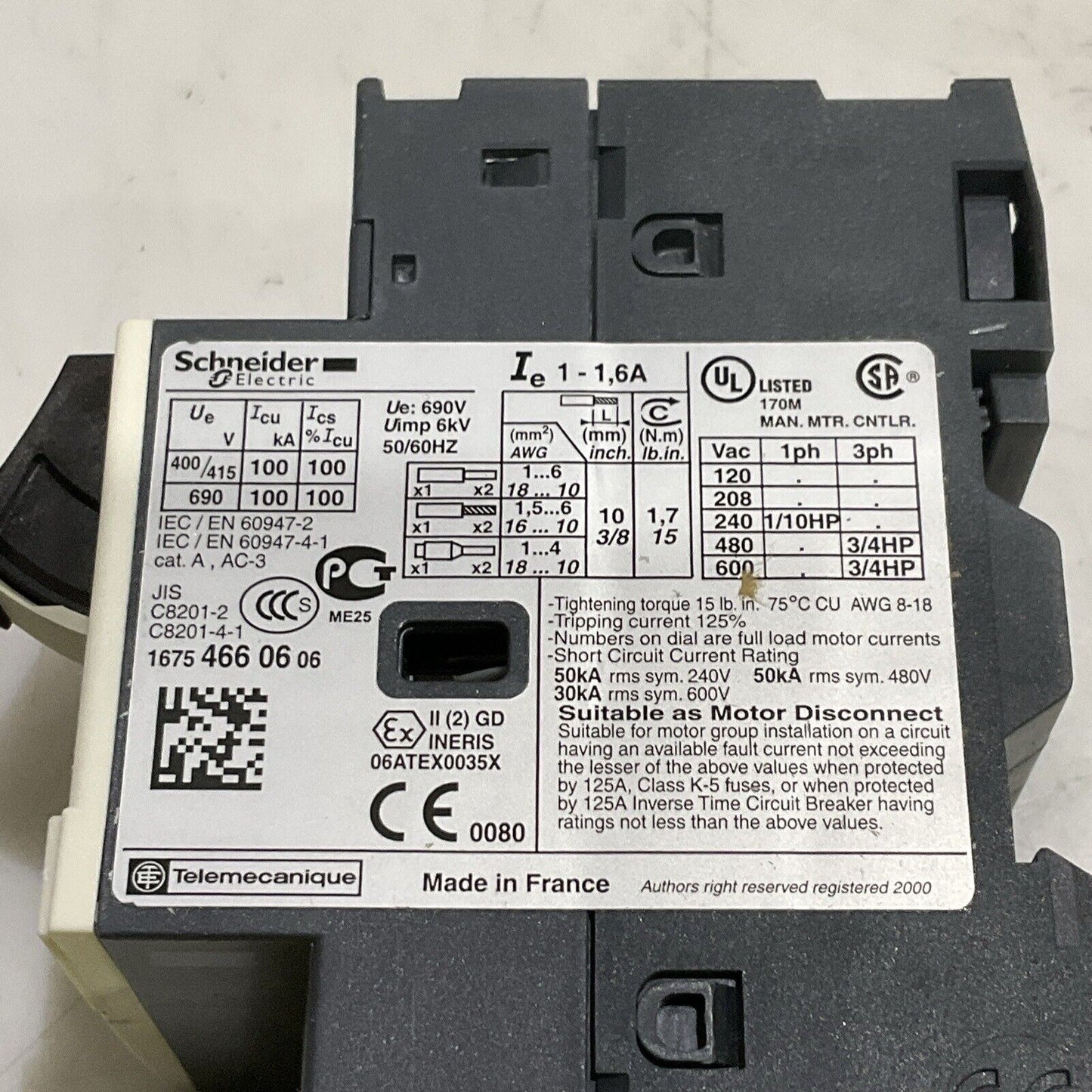 SCHNEIDER ELECTRIC GVSME06 MOTOR CIRCUIT BREAKER TESYS-034305 U3S