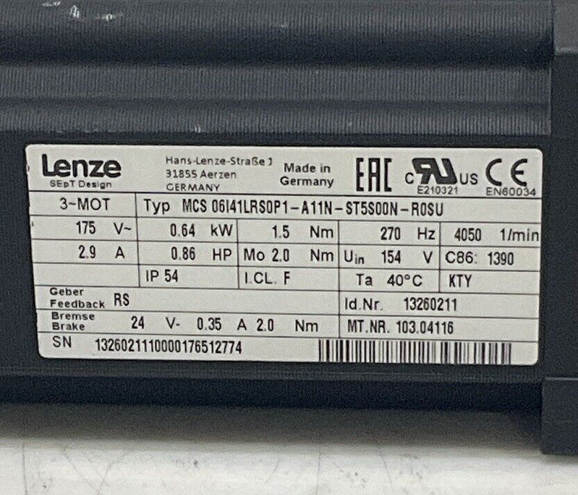 LENZE MCS 06I41LRS0P1-A1N-ST5S00N-R0SU SERVO MOTOR U3S