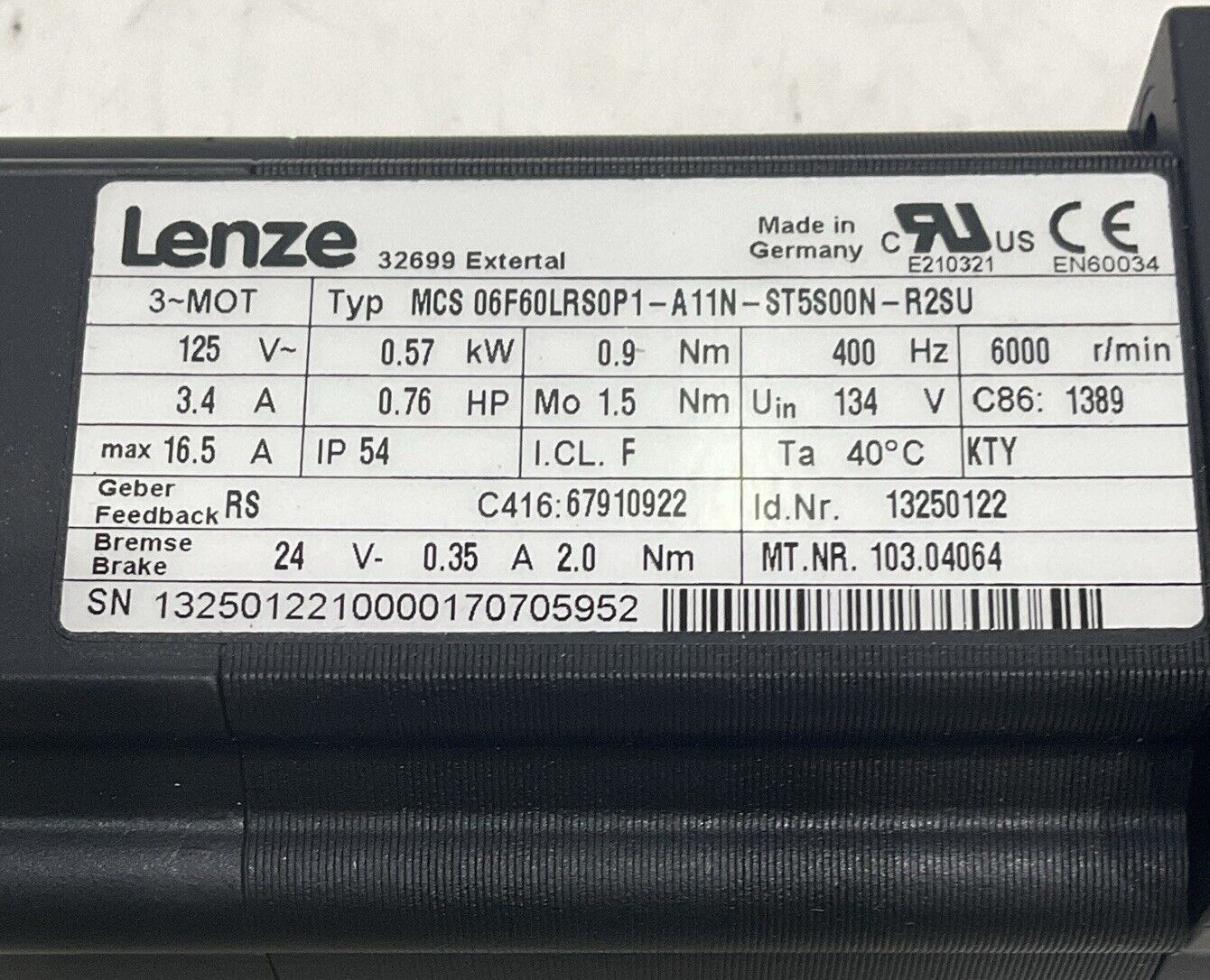 LENZE MCS 06F60LRS0P1-A11N-ST5S00N-R2SU SERVO MOTOR U3S