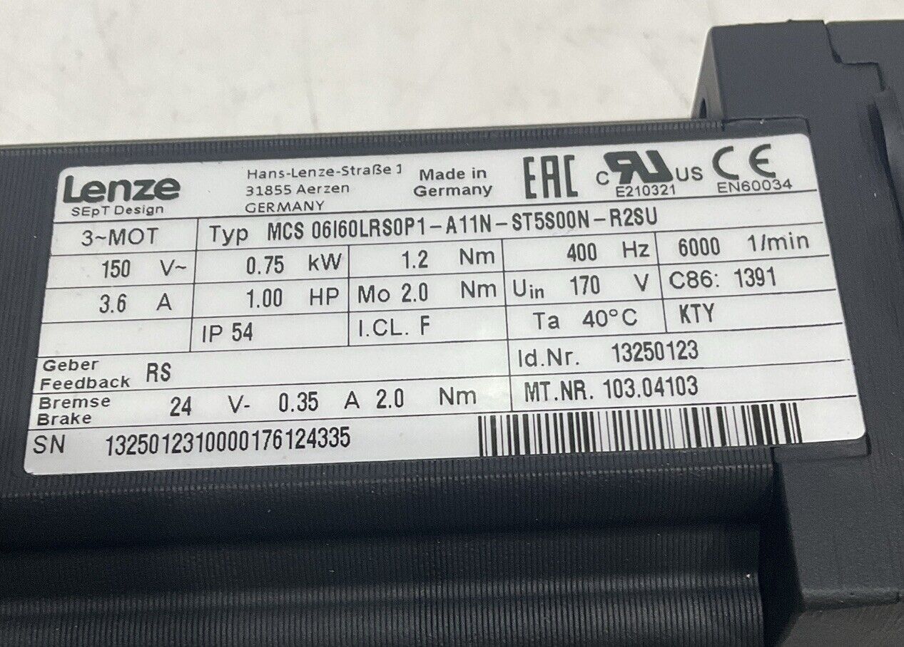 LENZE MCS 06I60LRS0P1-A11N-ST5S00N-R2SU SERVO MOTOR U3S