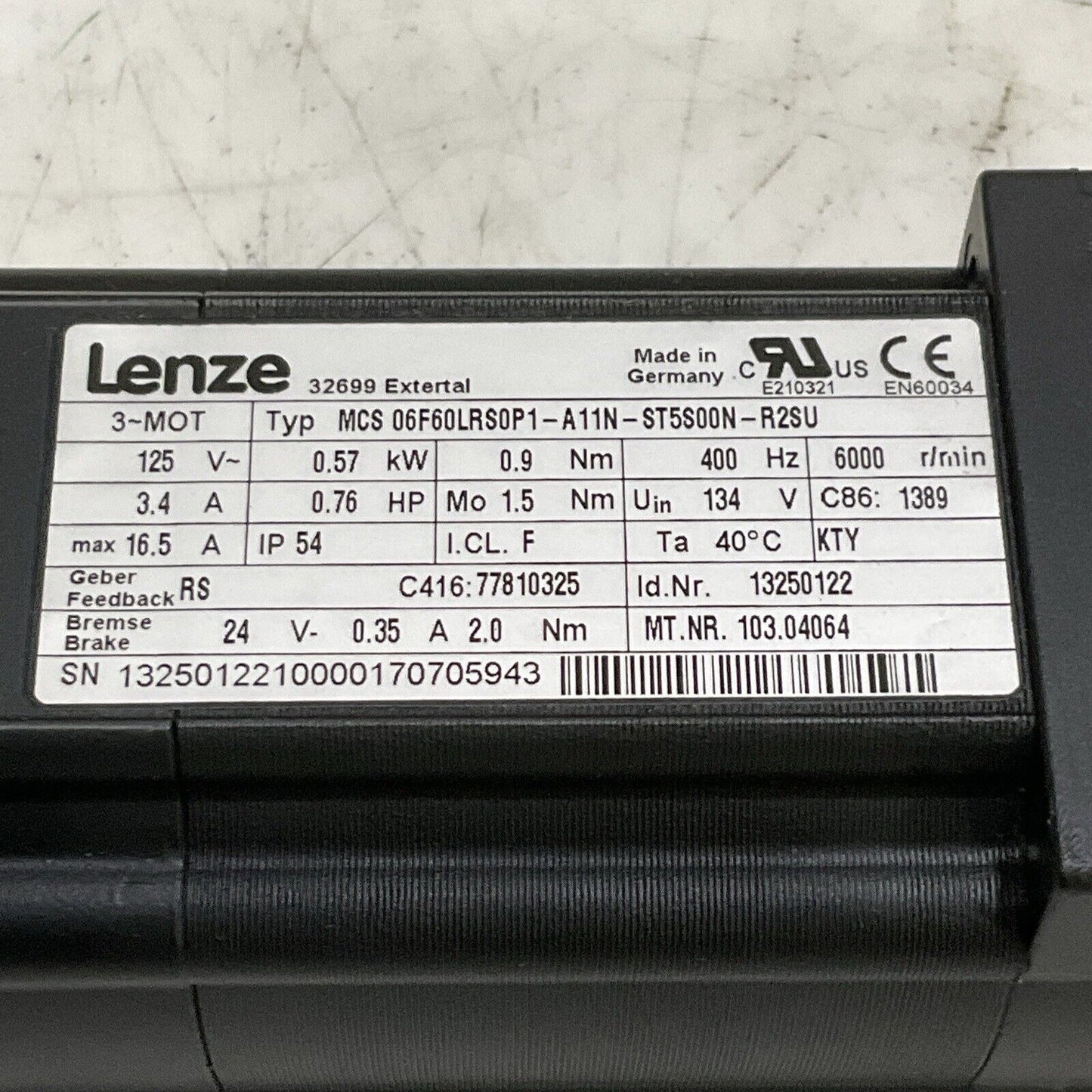 LENZE MCS 06F60LRS0P1-A11N-ST5S00N-R2SU SERVO MOTOR 125 V 3.4/16.5A 400H U3S