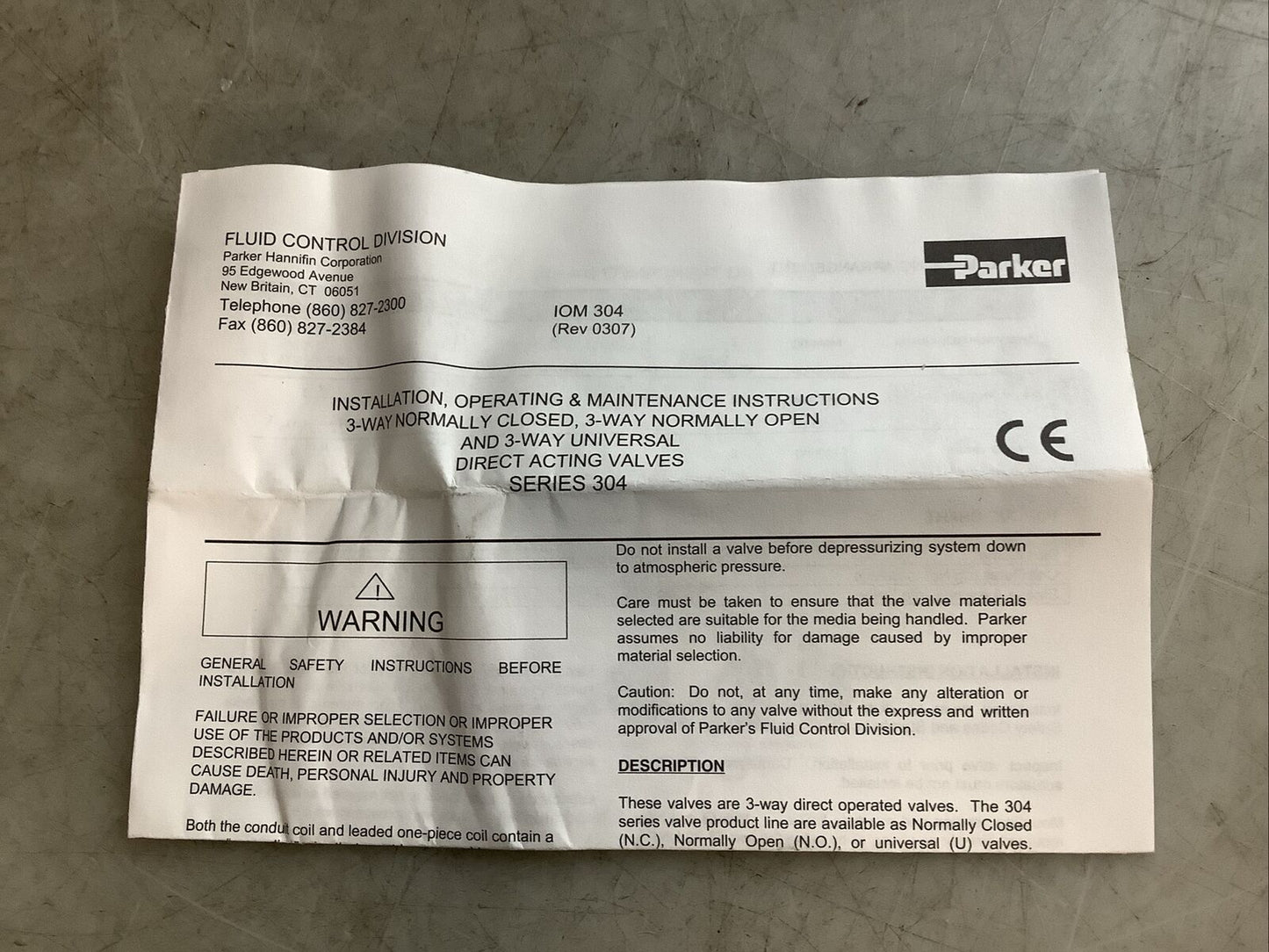 PARKER 30CC02JV4B2B SOLENOID VALVE 3-WAY 24VDC 5/64IN RM6