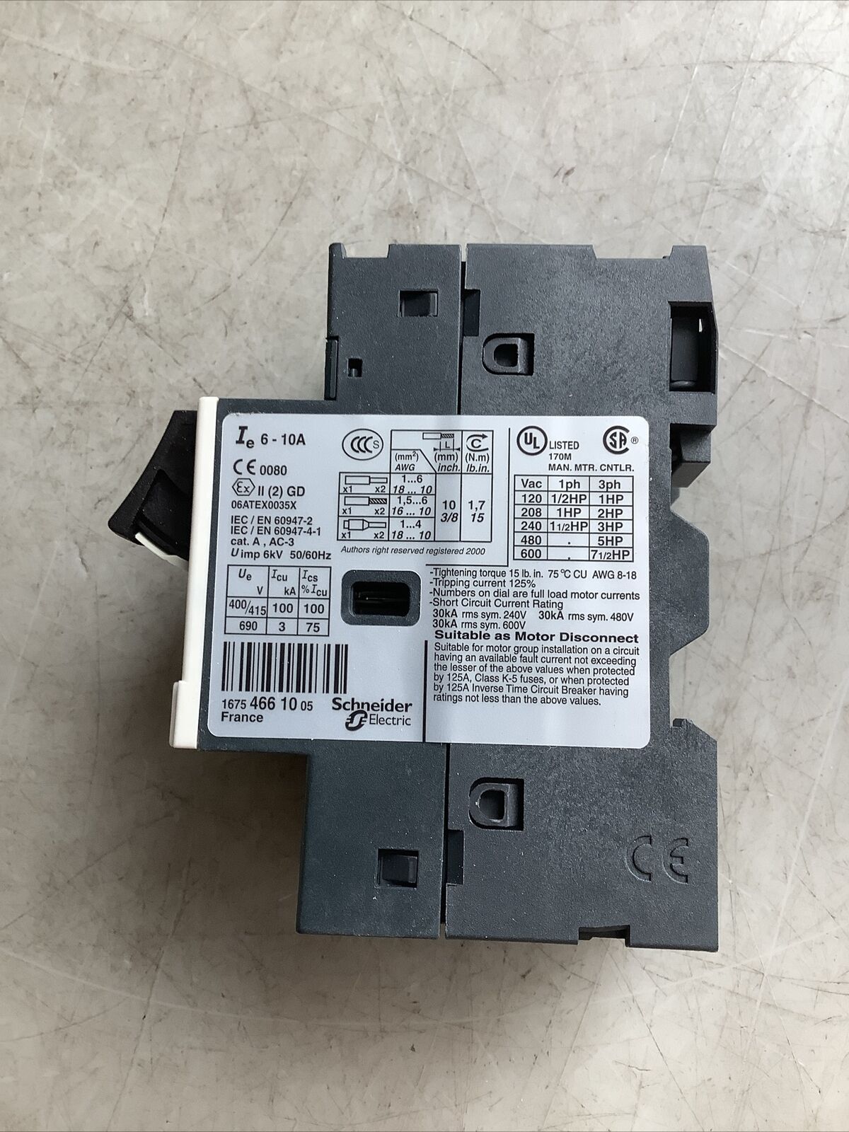 SCHNEIDER ELECTRIC GV2ME14 MOTOR CIRCUIT BREAKER 6-10A U3S